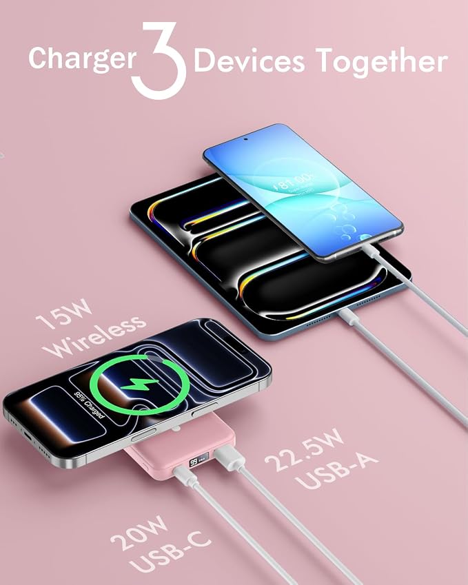 podoru for Magsafe Battery Pack, Foldable 10000mAh Magnetic Power Bank with USB-C Cable LED Display 22.5W PD Fast Charging Wireless Portable Charger for iPhone 17/16/15/14/13/12 Series-Pink - Image 5