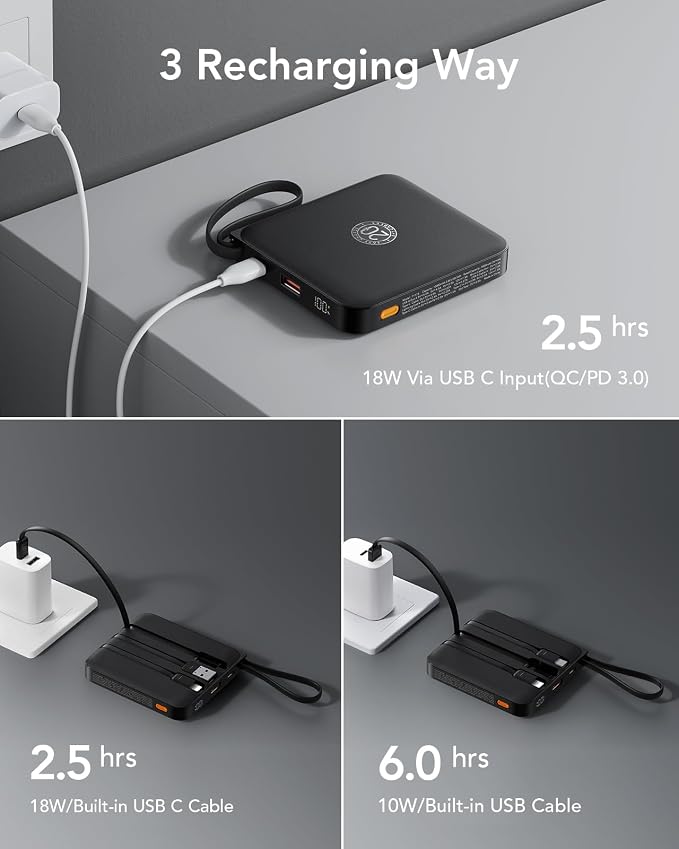 VRURC Portable Charger with Built-in Cable, 10000mAh 22.5W Fast Charging USB C Battery Pack, Cell Phone Power Bank for iPhone 17 16 15 Series Android Tablet (Black) - Image 4