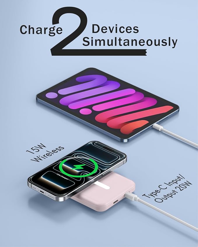 podoru for Magsafe Battery Pack, 5000mAh Magnetic PowerBank with Type-C Cable 20W PD Fast Charging Lighting Input Wireless Charger for iPhone 17/16/15/14/13/12/ All Series-Light Pink - Image 6
