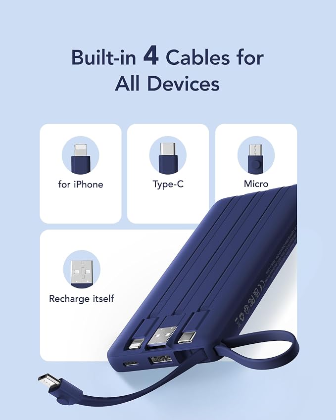 VRURC Portable Charger for iPhone, USB C Power Bank 10000mAh, Slim Travel Battery Pack with Built in Cables, 5 Outputs 2 Input Portable Phone Charger for iPhone 17 16 15 14 13, Samsung, Android-Navy - Image 3