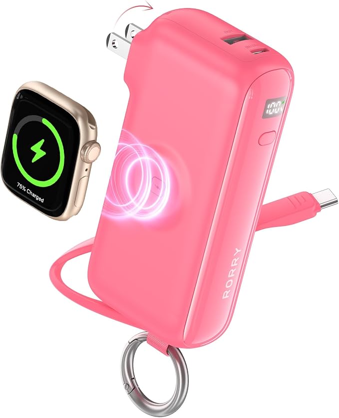 RORRY Flow Portable Charger, 10000mAh 40W Fast Charging Power Bank with Built-in USB C Cable and Foldable Wall Plug, Battery Pack Travel Essentials for iPhone 17/16/15, Apple Watch, iPad, MacBook by RORRY
