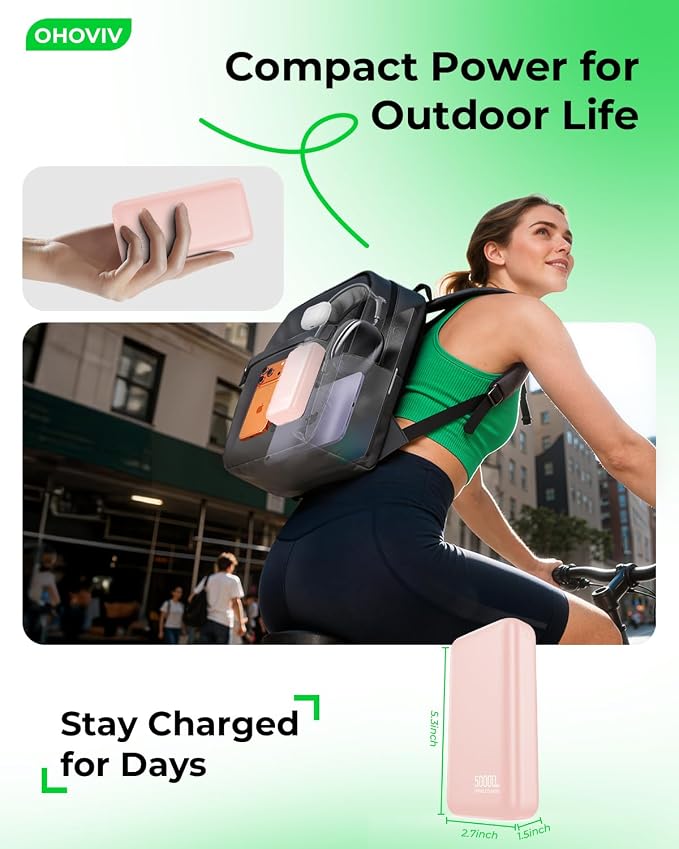 OHOVIV Portable Charger 50000mAh Power Bank - 22.5W Fast Charging External Battery Pack,USB-C Portable Phone Charger for iPhone 17/16/15/14/13 Pro Android Samsung, for Travel Camping Essential-Pink - Image 4