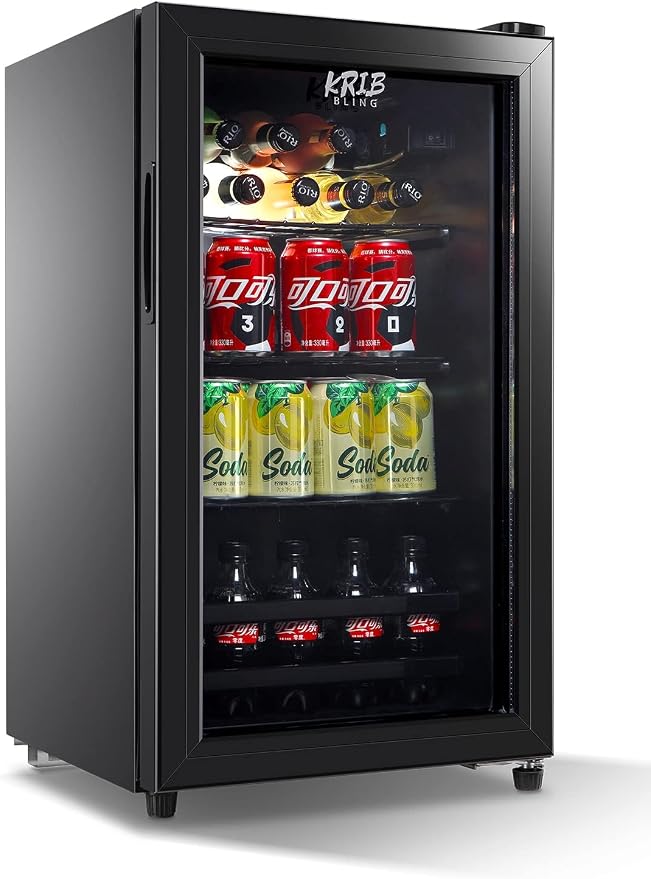 Beverage Refrigerator 120 Can Freestanding Beverage Cooler Black | Adjustable Shelving Glass Door, for Beer Soda or Wine Perfect for Home Office or Bar by KRIBBLING