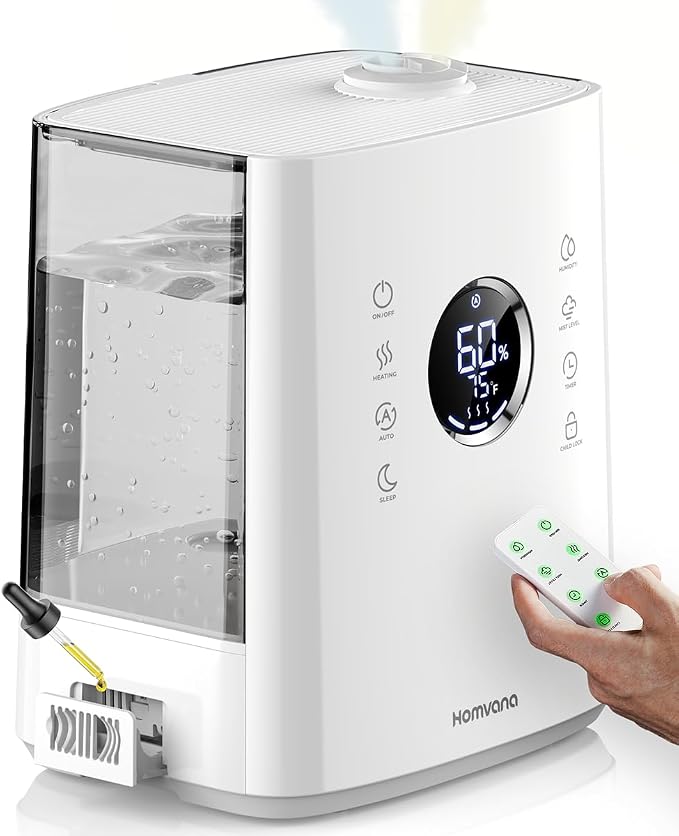 Homvana Humidifiers for Bedroom Large Room, 6.5L Top-Fill Warm & Cool 360° Rotatable Mist Ultrasonic Humidifier for Plants Baby Kids, Vaporizer (Distilled Sterilization) Essential Oil, Auto Sleep Mode by Homvana