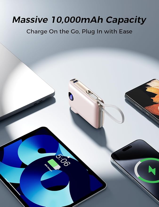 Portable Charger with Built-in Cables & Wall Plug, 10000mAh Power Bank, 4 Outputs 22.5W USB C Fast Charging, Slim Travel Battery Pack with LED Display for iPhone 17/16/15/14, Rosegold - Image 5
