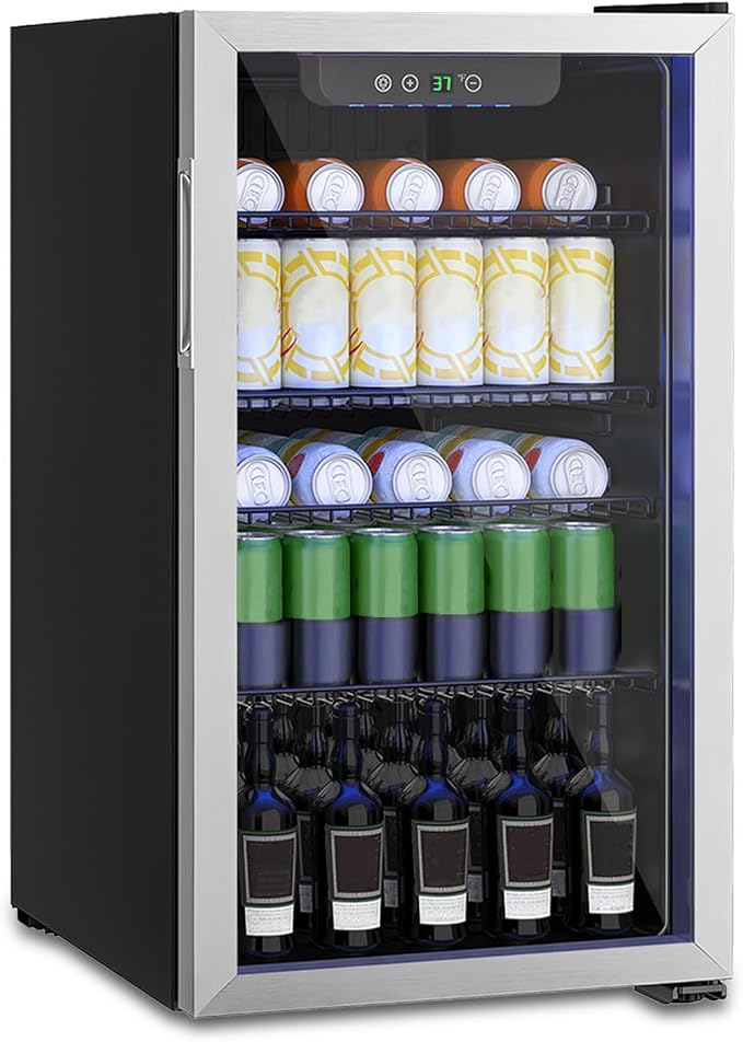 Compact 126 Can/3.2 Cu.Ft Mini Fridge, Reversible Glass Door | for Soda, Beer Or Wine, Portable Small Beverage Refrigerator with Digital Display&Removable Shelves for Office, Dorm, Bar by Unknown
