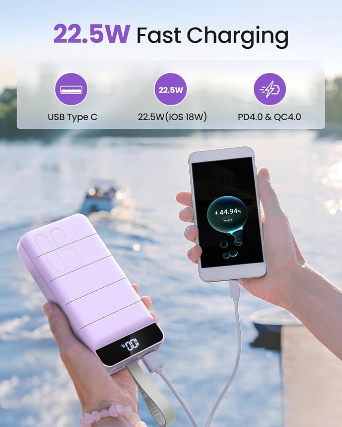 Power Bank Fast Charging 50000mAh - 22.5W Portable Charger USB C Quick Charge with 4 Outputs & 3 Inputs LED Display Huge Capacity External Battery Pack for iPhone, Samsung, iPad etc Purple - Image 3