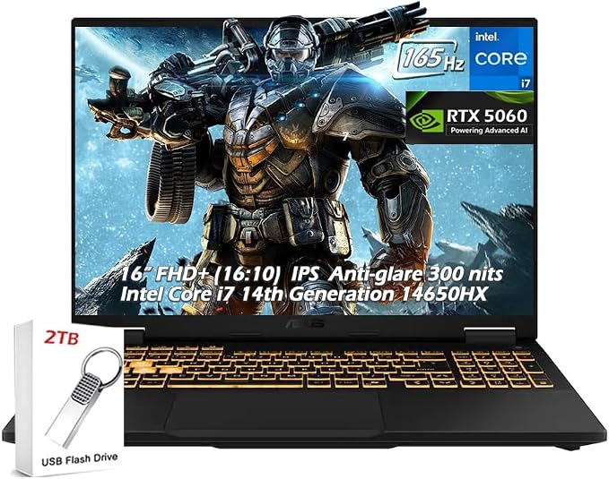 ASUS TUF Gaming F16 16" FHD+ 165Hz Gaming Laptop, Intel Core i7-14650HX, RTX5060, 32GB DDR5 RAM 1TB SSD, Wi-Fi6E AX RJ-45 BT Webcam RGB Backlit KB Win11, Jaeger Gray, w/2TB USB Drive, W/GaLiMu by Unknown