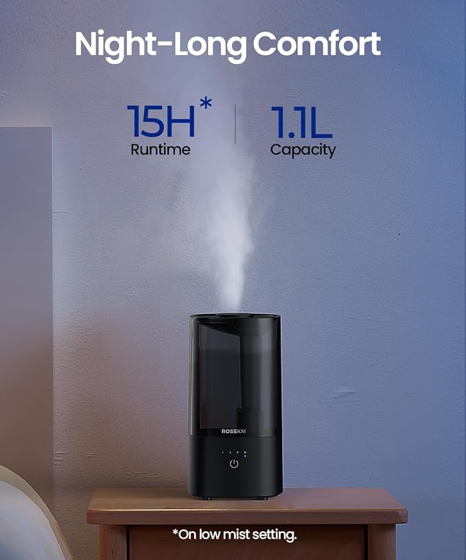 Humidifiers for Bedroom (1.1L), Small Cool Mist Humidifier for Home Plant and Baby Nursery, Quiet Ultrasonic Humidifier with 360° Nozzle, Auto Shut-Off, Filterless, Black - Image 3