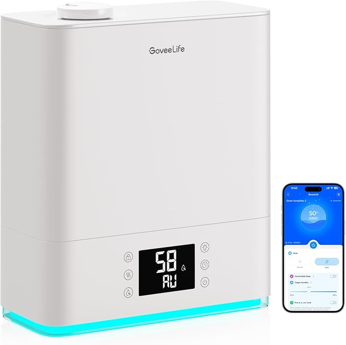 GoveeLife Smart Humidifiers for Bedroom Large Room, Top-Fill Cool Mist 6L WiFi Air Humidifier, Auto Mode, App & Voice Control, 60H Runtime, Rapid Humidification, RGB Nightlight Baby Plants, White by GoveeLife