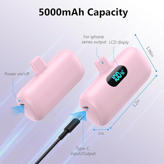 Mini Portable Charger for iPhone,Upgraded 5000mAh PD Fast Charging Battery Pack,LCD Display Cute Power Bank Portable Phone Charger for iPhone 14/14 Pro Max/13/13 Pro/12 Pro/11/XS/XR/X/8/7/6-Pink - Image 4