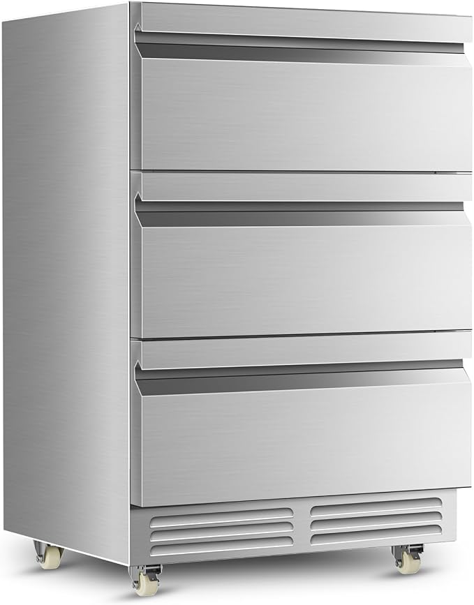 3 Drawers Beverage Refrigerator, 190 Cans 24'' Beverage Fridge with Wheels, Outdoor Waterproof, All Stainless Steel Body, Undercounter or Freestanding, Drink Fridge for Home, Patio & Commercial by TYLZA