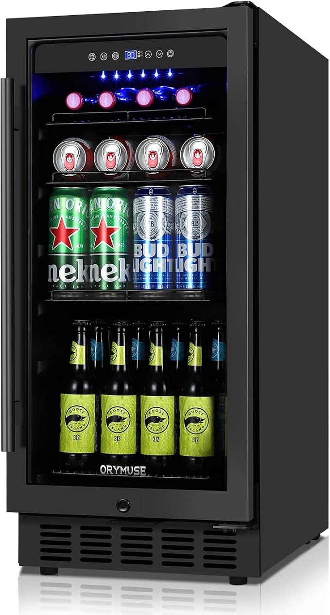 ORYMUS 15 Inch Beverage Refrigerator, 130 Cans Drink Fridge with Glass Door & Lock, Under Counter or Freestanding Beverage Cooler for Soda, Beer & Water, Upgraded Quiet Compressor, Memory Temp, Black by ORYMUSE