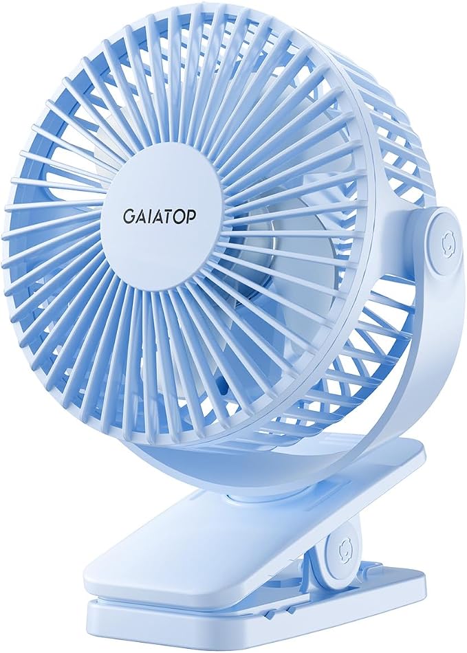 Gaiatop Portable Clip on Fan Battery Operated, Small Powerful 3 Speed Quiet 360° Rotate, USB Rechargeable Mini Personal Cooling Fan for Desk Table Home Office Stroller Camping Women Gifts Light Blue by GAIATOP