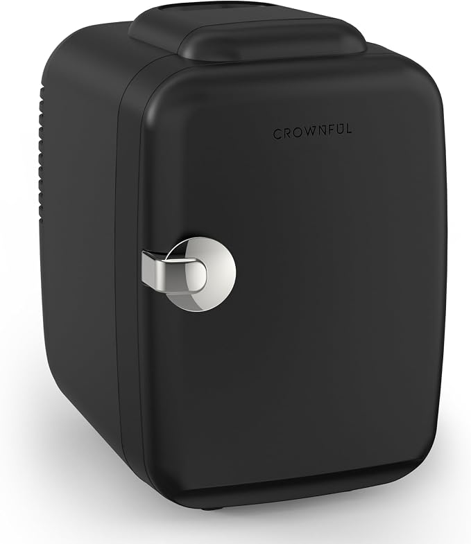 CROWNFUL Mini Fridge, 4 Liter/6 Can Portable Cooler and Warmer Personal Fridge for Skin Care, Cosmetics, Food,Great for Bedroom, Office, Car, Dorm, ETL Listed (Black) by CROWNFUL