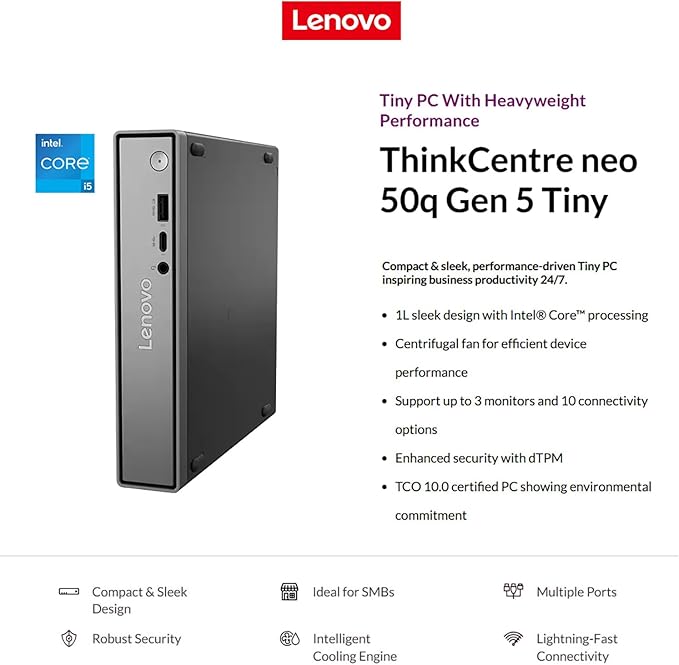 Lenovo ThinkCentre neo 50q Gen 5 Mini Desktop PC, Intel Core i5-13420H 8-Core, 8GB DDR5 RAM, 512GB SSD, WiFi 6E, Bluetooth 5.3, Dual Display, USB-C, Windows 11 Pro - Business Office Remote Work - Image 2