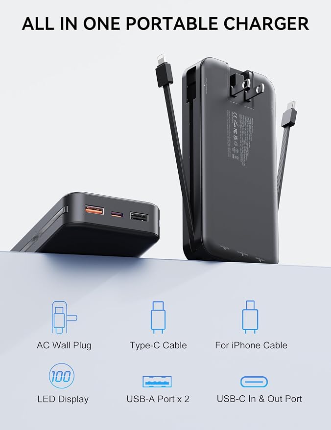 Portable Charger, 20000mAh 22.5W Fast Charging Power Bank with Built-in Cables & Wall Plug, USB C External Battery Pack with LED Display, Travel Essentials Phone Charger for iPhone iPad Samsung Black - Image 3