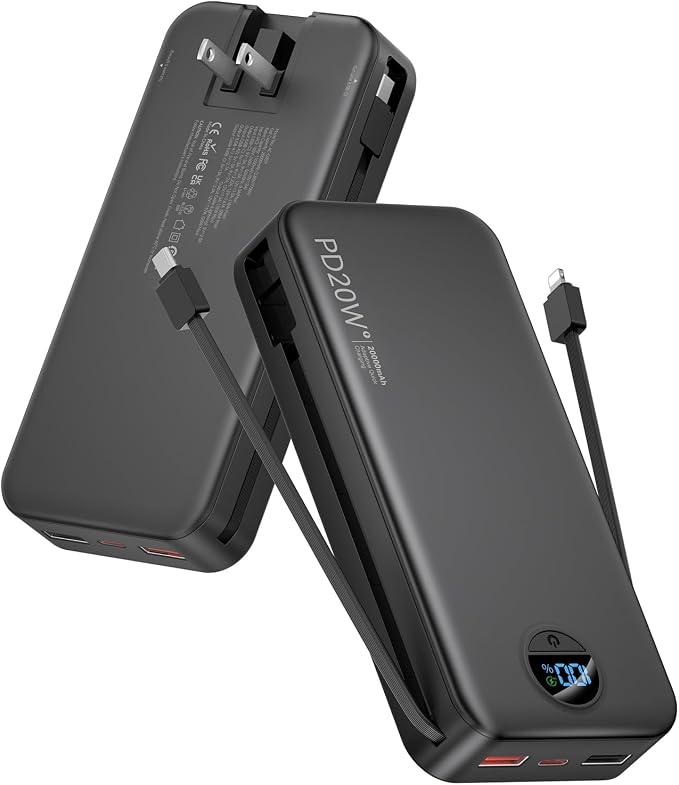 citicr Portable Charger Power Bank, 20000mAh PD20W USB C Fast Charging with Built-in Cables & Wall Plug, External Battery Bank with LED Display, Travel Essential for iPhone, iPad, Samsung Black by CITICR