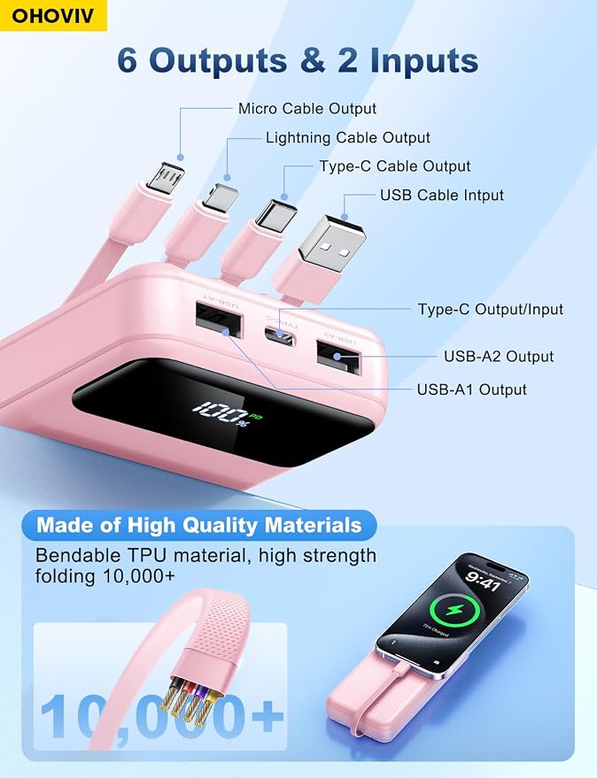 OHOVIV Portable Charger Power Bank 50000mAh Battery Pack, 22.5W Fast Charging PowerBank with Built in Cables,Travel Essential USB-C Portable Phone Charger for iPhone Samsung Pixel Android iPad-Pink - Image 3