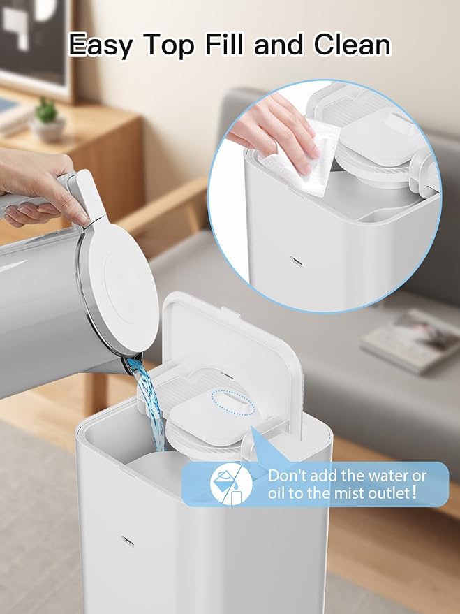 10L/2.64Gal Humidifiers for Bedroom, Top Fill Quiet Ultrasonic Cool Mist Humidifier Large Room, Covers 550ft², 60H Runtime, 24H Timer, 3 Mist Modes Humidifiers for Home, Office, Plants, White - Image 9