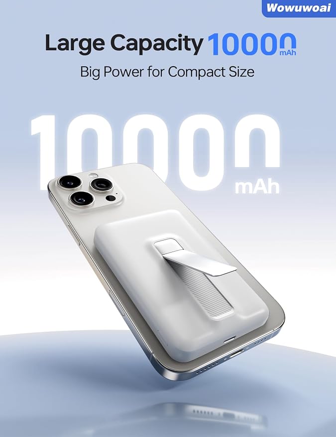 for Magsafe Portable Charger, 10000mAh Wireless Power Bank with Stand, USB C PD 20W Fast Charging Powerbank, Magnetic Battery Pack Compatible for iPhone 17/16/15/14/13/12 Series - White - Image 3