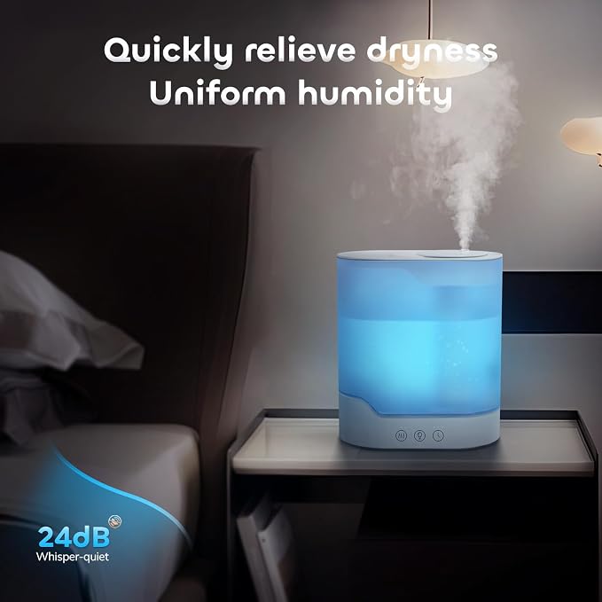 YOGIN Air Humidifier for Bedroom, 3L Top-Fill Cool Mist Humidifier & Essential Oil Diffuser, Ultra-Quiet <24dB, Smart Humidity Control, Up to 40H Runtime - Image 4