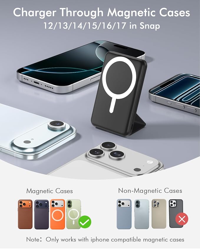 podoru for Magsafe Battery Pack, Foldable 10000mAh Magnetic Power Bank with USB-C Cable LED Display 22.5W PD Fast Charging Wireless Portable Charger for iPhone 17/16/15/14/13/12 Series-Black - Image 2