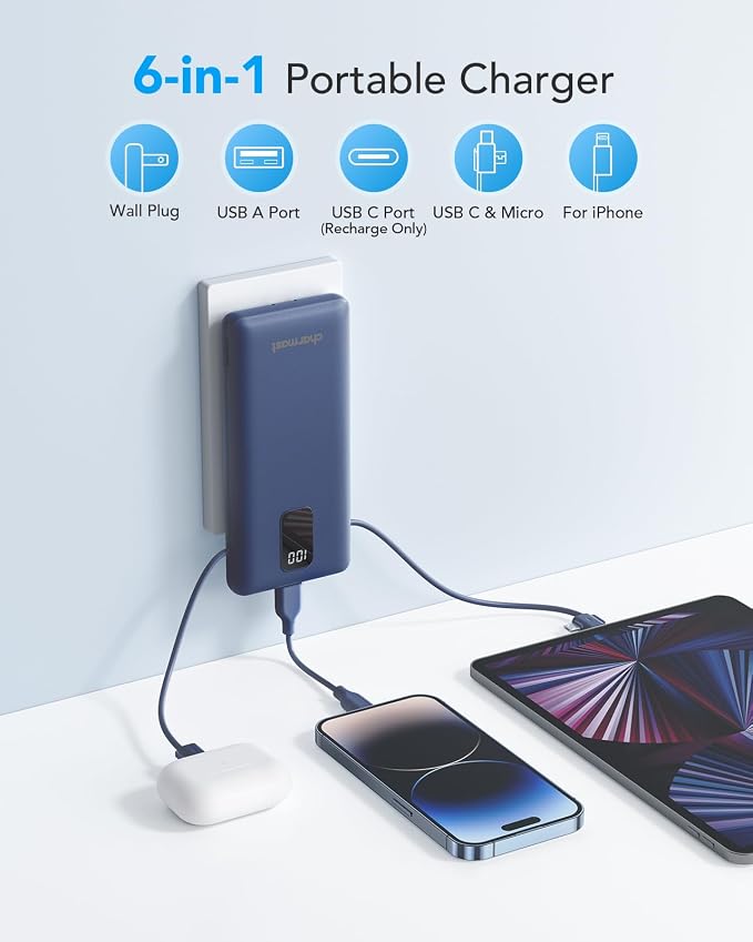 charmast Portable Charger with Built-in Cables and Plug, 10000mAh USB C Power Bank Fast Charging, External Battery Pack Slim, Travel Essentials Compatible with iPhones, Samsung Galaxy, iPad - Image 2