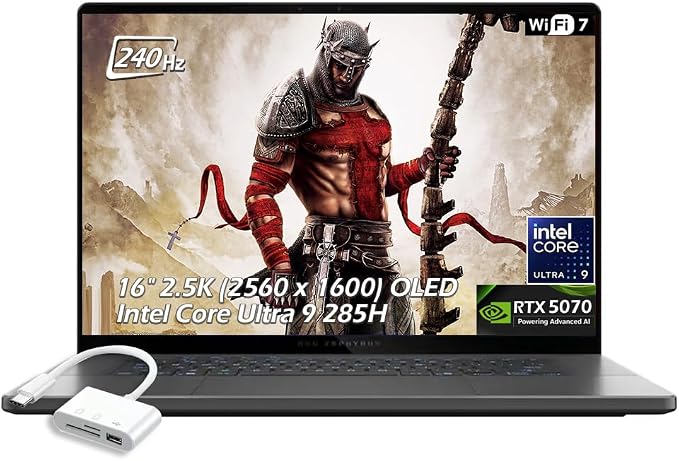 ASUS ROG Zephyrus 16 Gaming Laptop, 16" Nebula OLED 2.5K 240Hz, NVIDIA GeForce RTX 5070, Intel Core Ultra 9 285H, 16GB RAM 1TB SSD, Wi-Fi7, Backlit KB, Win11, Eclipse Gray, w/USB Hub, W/GaLiMu by Unknown