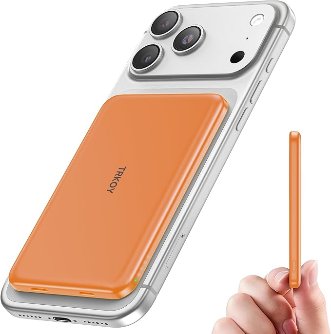 TRKOY for Magsafe Portable Charger,5000mAh Wireless Magnetic Power Bank with USB C Charging,Travel Essential for Magsafe Battery Pack Compatible with iPhone 17/16/15/14/13/12,Cosmic Orange by TRKOY