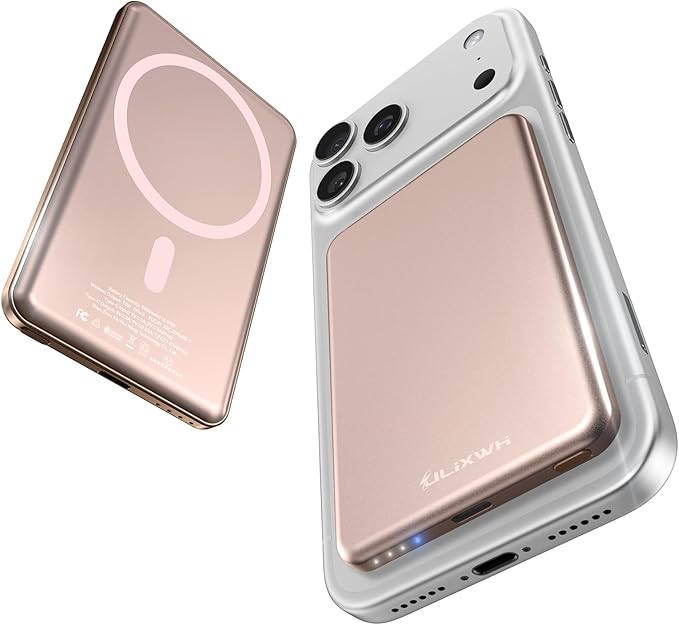[0.3" Ultra Slim] [Alloy-Made] ULiXWH for Magsafe Portable Charger for iPhone, 2026 Upgrade 5000mAh Fast Charging Magnetic Power Bank, Wireless Battery Pack for iPhone 17 Air 16 15 Pro Max 14 13, Pink by ULiXWH