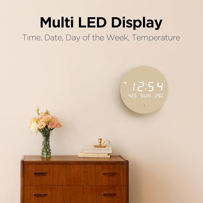 mooas Wood Moon Cordless Mini Digital LED Wall Clock, Temperature, Auto - Image 3