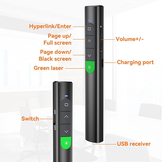 Wireless Presentation Clicker PowerPoint Presenter Remote: Rechargeable Green - Image 4