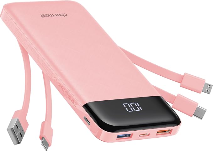Charmast Portable Charger with Built in Cables, Power Bank with Cords Wires, Slim 10000mAh Travel Battery Pack 6 Outputs 3 Inputs 3A Fast Charging for Samsung Google Pixel LG Moto iPhone iPad by Charmast