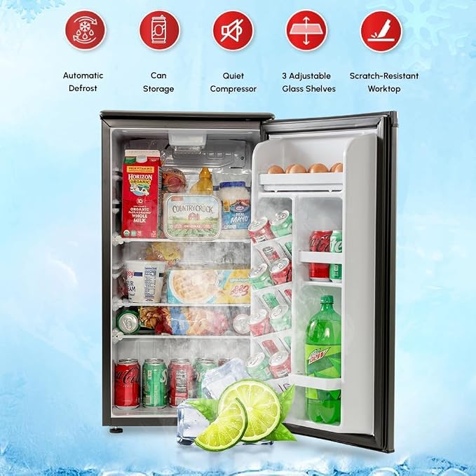 E-Star 3.3 Cu Ft Mini Fridge without Freezer - AUTO DEFROST, Reversible Single Door, Glass Shelf Refrigerator - A Space-Saving Marvel for Your Bedroom, Dorm, and Office - Image 4