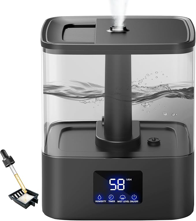 KZF 4L Top Fill Humidifiers for Bedroom & 60H Runtime - Cool Mist Humidifier, 3 Mist Levels, 8H Timer, Essential Oil Tray, Humidity Display, Quiet for Bedroom, Baby, Plants, Large Room (Black, 4L) by BreathePureLiveNaturally