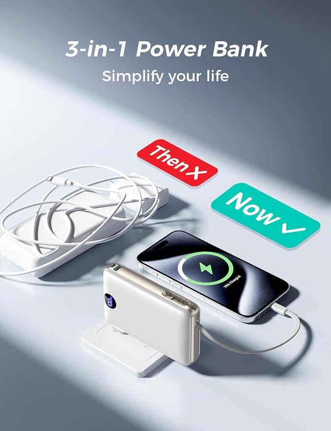 Power Bank, 50000 mAh Portable Charger with Built in Cable & Wall Plug, 22.5W Fast Charging, Travel Essential Battery Pack with LED Display for iPhone 17/16/15/14 Series, Galaxy, iPad White - Image 2