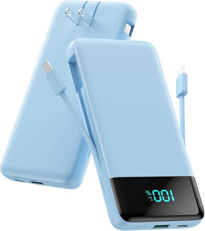 Portable Charger for iPhone,13800mAh Slim Power Bank with Built-in Cables & AC Wall Plug,All in One 4 Outputs USB C Fast Charging Battery Pack Travel Essential for iPhone 17/16/15/14,Android(Sky Blue) by AONIMI