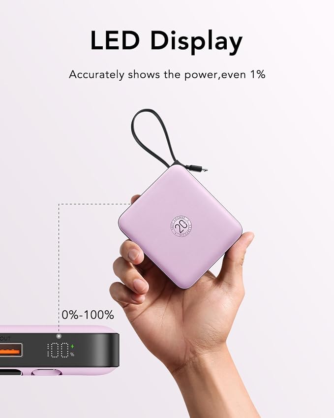 VRURC Portable Charger with Built-in Cable, 10000mAh 22.5W Fast Charging USB C Battery Pack, Cell Phone Power Bank for iPhone 17 16 15 Series Android Tablet (Purple) - Image 7