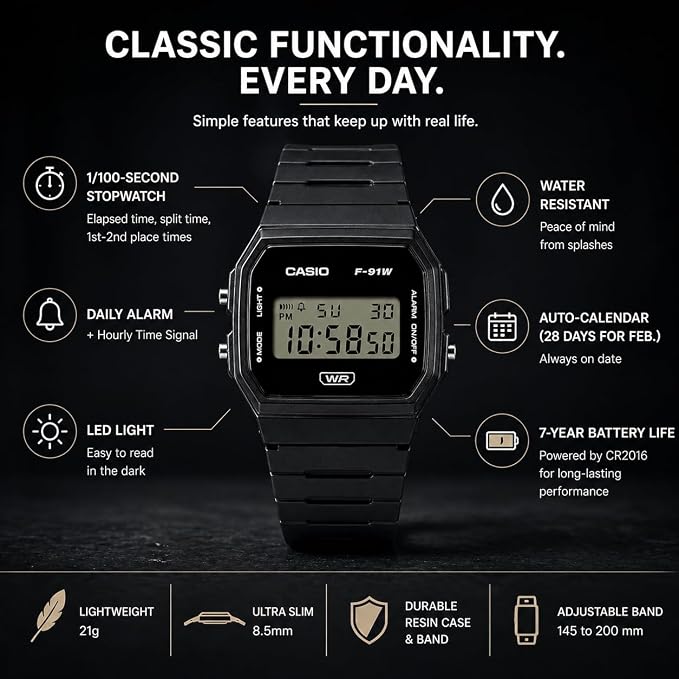 Casio F91W Series | Digital Watch | Water Resistant | LED Light | 1/100 SEC - Image 3