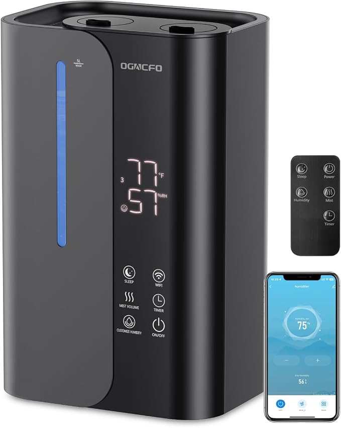 5L Smart Air Humidifiers for Bedroom with Essential Oils, Top Fill 50H Runtime Cool Mist Large Humidifiers for Home Bedroom Nursery, 28 dB Quiet Humidifier for Baby & Plants by OGACFO