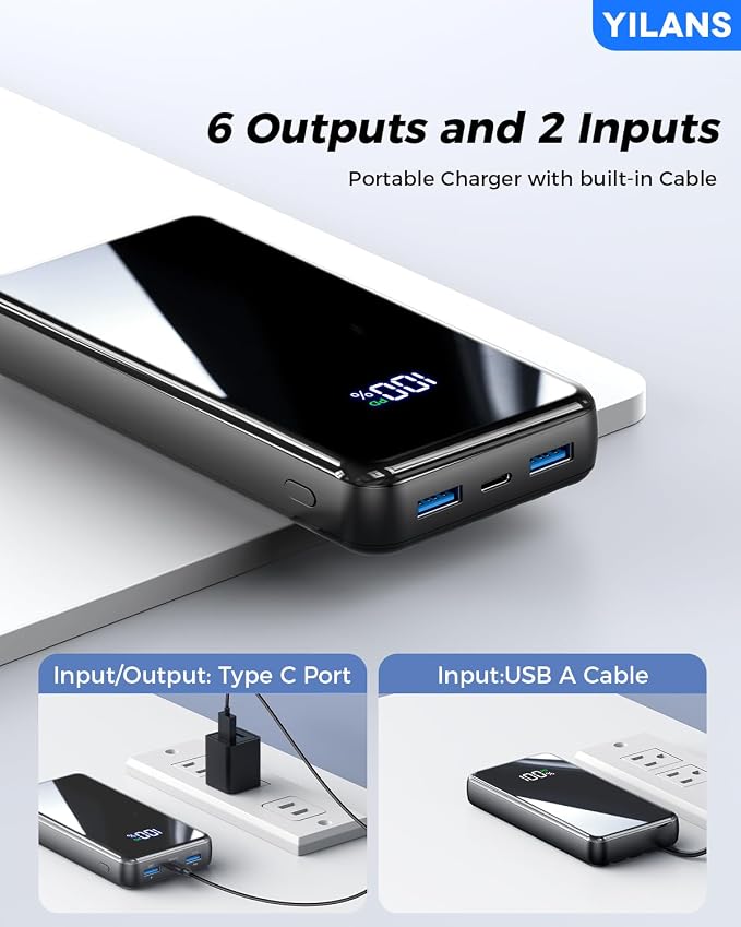 Portable Charger,50000mAh Power Bank Built-in Cable, 22.5W PD USB C In & Out Fast Charging, External Battery Pack with 6 Output & 2 Input, Travel Phone Charger for iPhone 17/16/15/14/13/12(Black) - Image 6