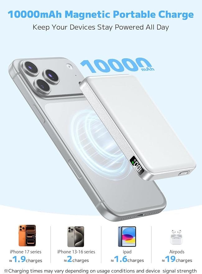 golioklsy for Magsafe Portable Charger,10000mAh Power Bank with Type-C 20W PD Fast Charging, Lightweight and Slim, LED Display for Magsafe Battery Pack for iPhone 17/16/15/14 All Series, White - Image 2