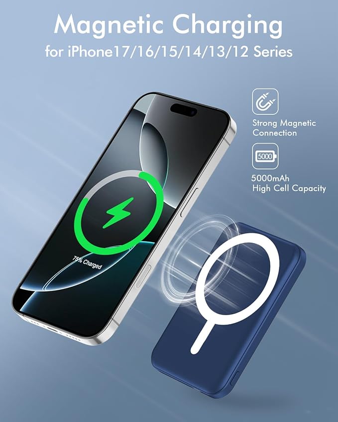 podoru for Magsafe Battery Pack, 5000mAh Magnetic Power Bank with Type-C Cable 20W PD Fast Charging Lighting Input Wireless Portable Charger for iPhone 17/16/15/14/13/12/ All Series-Dark Blue - Image 3