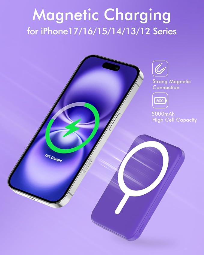 podoru for Magsafe Battery Pack, 5000mAh Magnetic Power Bank with Type-C Cable 20W PD Fast Charging Lighting Input Wireless Portable Charger for iPhone 17/16/15/14/13/12/ All Series-Demon Purple - Image 3