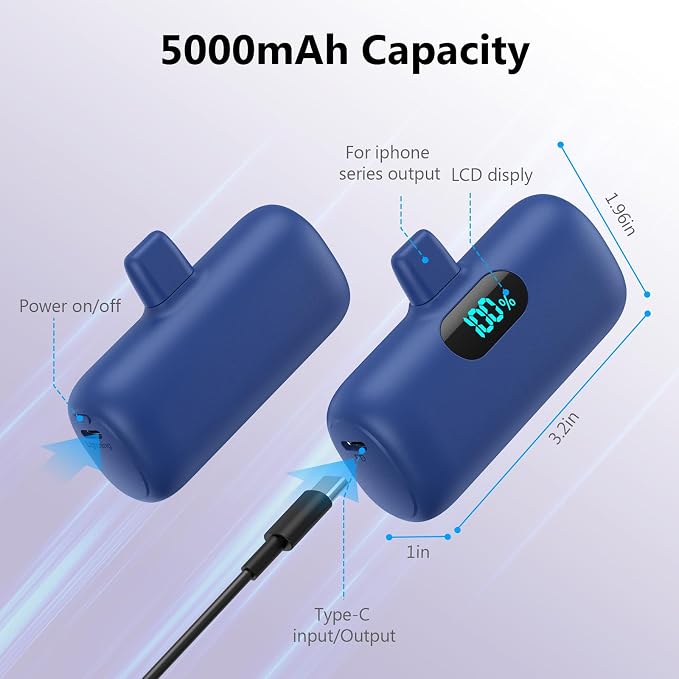 Mini Portable Charger for iPhone,Upgraded 5000mAh PD Fast Charging Battery Pack,LCD Display Cute Power Bank Portable Phone Charger for iPhone 14/14 Pro Max/13/13 Pro/12 Pro/11/XS/XR/X/8/7/6-Deep Blue - Image 4