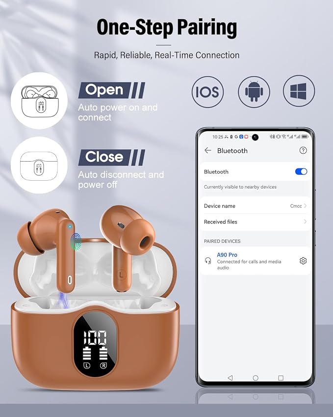 Wireless Earbuds, Bluetooth 5.4 Headphones Bass Stereo/Clear Calls, Brown | Ear Buds with Noise Cancelling Mic LED Display in Ear Earphones IP7 Waterproof 36H Bluetooth Earbuds for Phones/Sport/Laptop - Image 6