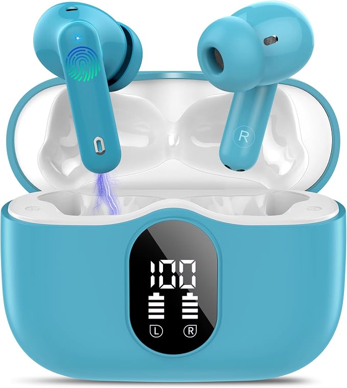 Wireless Earbuds, Bluetooth 5.4 Headphones Bass Stereo/ENC Mic, Ice Blue | Ear Buds with Noise Cancelling Mic LED Display, 36H, IP7 Waterproof in Ear Earphones for Laptop Pad Phones Sports Workout - Image 2