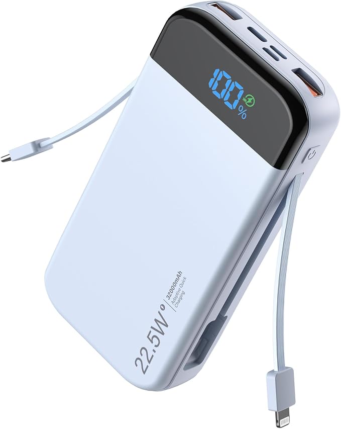 Portable Charger Power Bank 32000mAh with Built in Cables, PD3.0 USB C Fast Phone Charger, 5 Outputs LCD Display Travel Battery Pack Compatible with iPhone, Samsung All Cell Phones (Blue) by LENGSUM