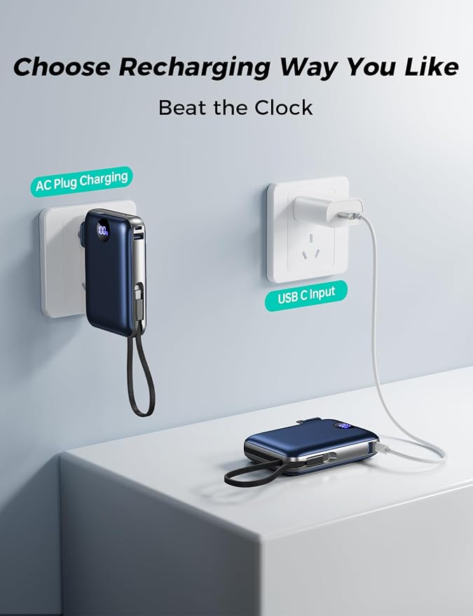Portable Charger with Built-in Cables & Wall Plug, 10000mAh Power Bank, 4 Outputs 22.5W USB C Fast Charging, Slim Travel Battery Pack with LED Display for iPhone 17/16/15/14, DarkBlue - Image 4